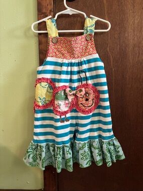 Girls Teal & White Striped Romper with Caterpillar Appliqué
